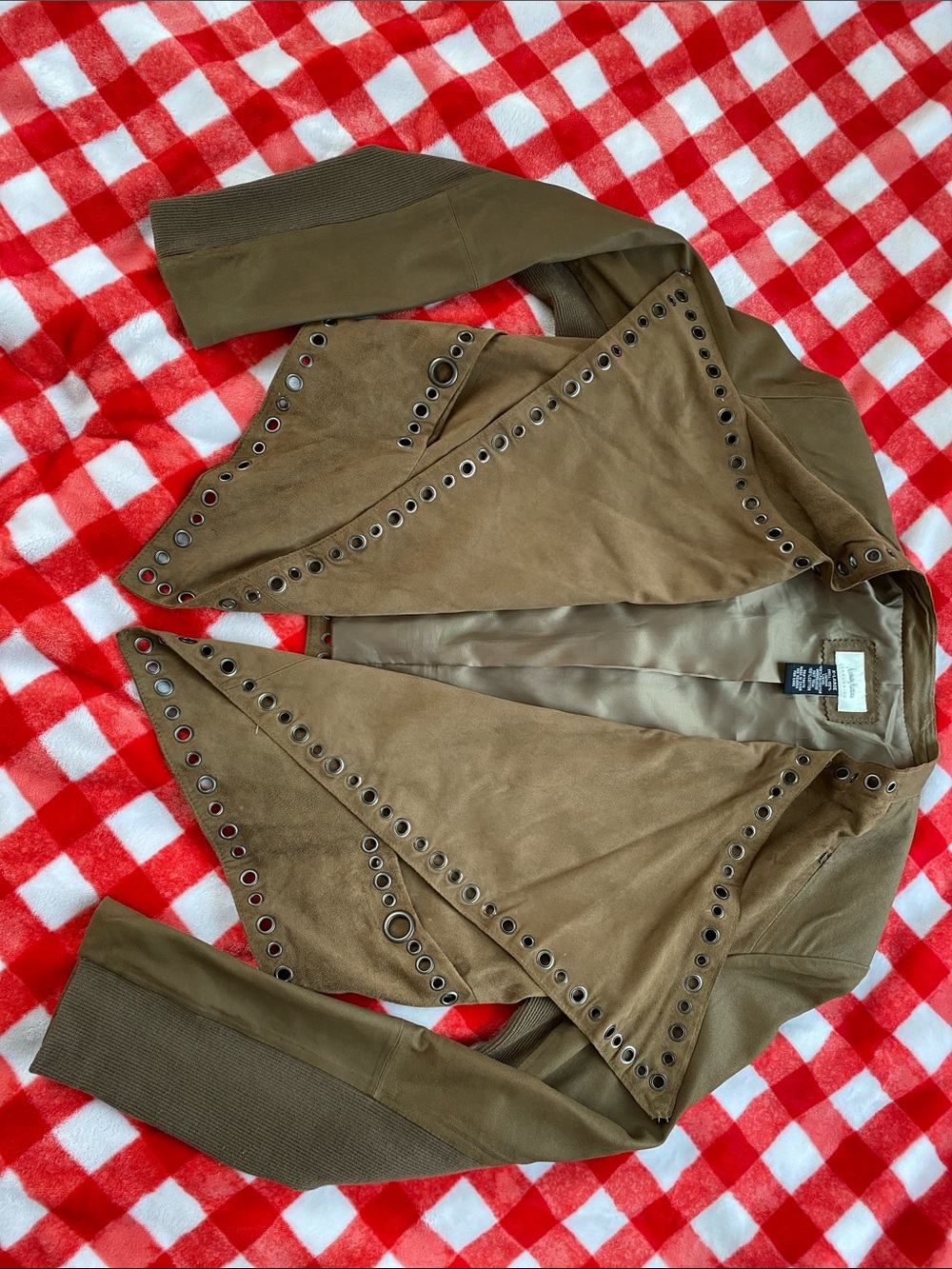 Neiman Marcus Brown Suede Eyelet-Trim Jacket